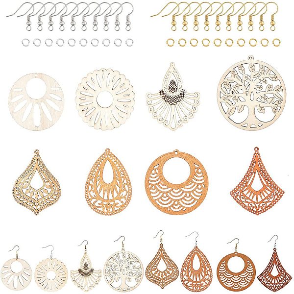 PandaHall 16 Pairs Wooden Dangle Earring Making Kits, Contains 32 Pcs Wood Filigree Pendants, 64 Pcs Earring Hooks and 64 Pcs Jump Rings...