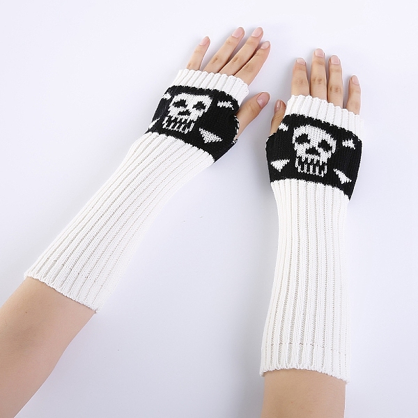 PandaHall Polyacrylonitrile Fiber Yarn Knitting Long Fingerless Gloves, Arm Warmer, Winter Warm Gloves with Thumb Hole, Skull Pattern, White...