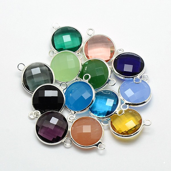 

PandaHall Silver Color Plated Brass Glass Links connectors, Flat Round, Mixed Color, 16x11x5mm, Hole: 2mm Glass Flat Round Multicolor