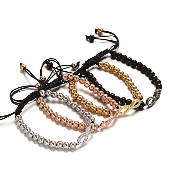 

PandaHall Round 304 Stainless Steel Braided Beaded Bracelets, with Infinity Brass Micro Pave Cubic Zirconia Links, Mixed Color, 50~90mm...