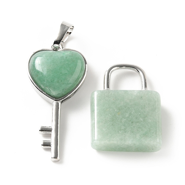 

PandaHall Natural Green Aventurine Pendants, with Platinum Tone Brass Findings, Key & Lock, 27~36.5x17~19.5x6.5~7mm, Hole: 8~9x5~9mm Green...