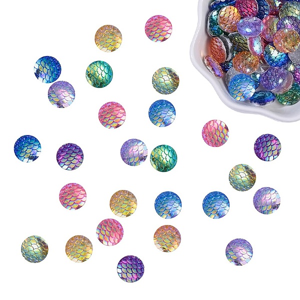 PandaHall Resin Cabochons, Flat Round with Mermaid Fish Scale, Mixed Color, 12x3mm, 200pcs/box Resin Flat Round Multicolor