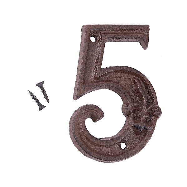 PandaHall Iron Home Address Number, with 2pcs Screw, Num.5, 119x73x10.5mm, Hole: 4.5mm Iron Number Brown