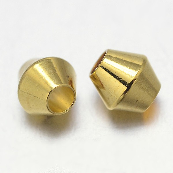 

PandaHall Bicone Brass Spacer Beads, Barrel Plating, Golden, 4x4mm, Hole: 2mm Brass Bicone