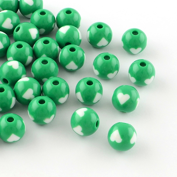 

PandaHall Heart Pattern Opaque Acrylic Beads, Round, Medium Sea Green, 11~12x11mm, Hole: 3mm, about 209pcs/190g Acrylic Round