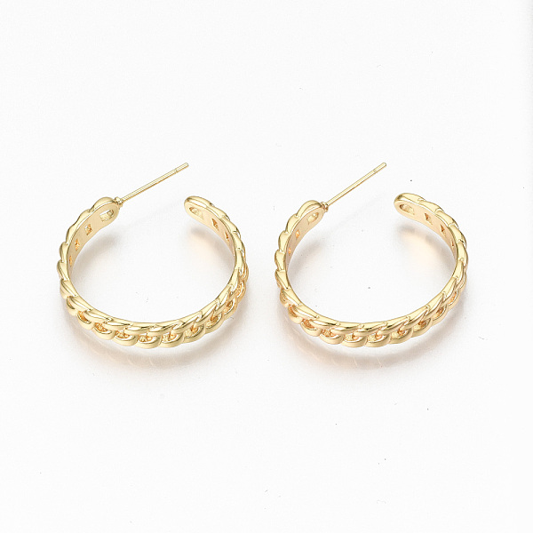 

PandaHall Brass Half Hoop Earrings, Stud Earring, Nickel Free, Curb Chain Shape, Real 18K Gold Plated, 27x26x5mm, Pin: 0.7mm Brass Ring