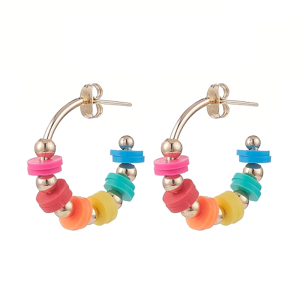 

PandaHall Polymer Clay Beaded C-shape Stud Earrings, Brass Half Hoop Earrings for Women, Colorful, 24.5x24.5x6mm, Pin: 0.6mm Polymer Clay...