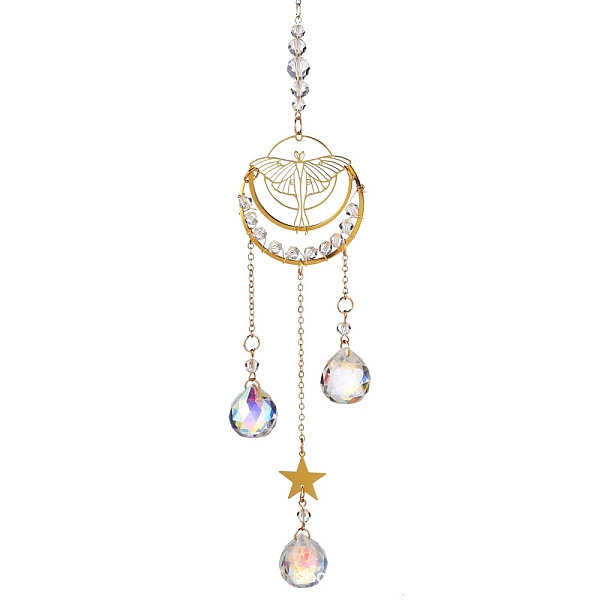 

PandaHall Brass Hollow Moth Moon Hanging Ornaments, Round Glass Charm Tassel Suncatchers for Garden Outdoor Decorations, Clear, 412mm Glass...