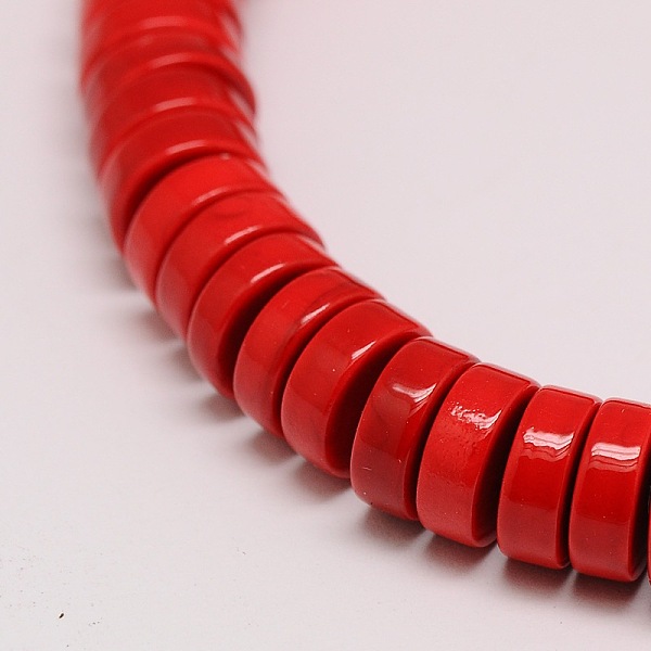 

PandaHall Synthetic Turquoise Heishi Beads Strands, Dyed, Flat Round/Disc, Red, 10x4mm, Hole: 1mm, about 110pcs/strand, 16.6 inch Synthetic...