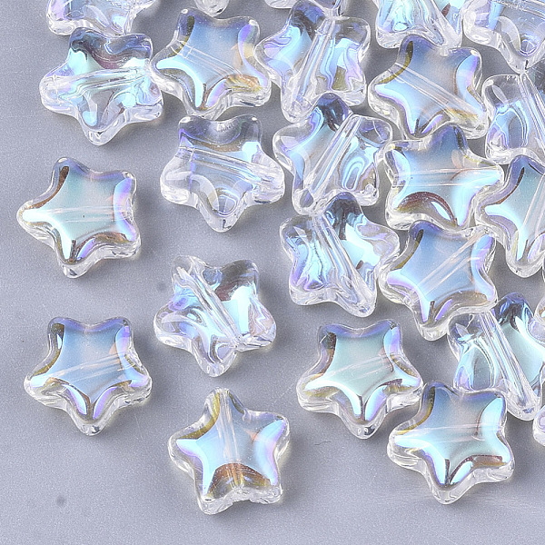 

PandaHall Transparent Glass Beads, AB Color Plated, Star, Clear AB, 8x8x4mm, Hole: 0.8~1mm Glass Star White