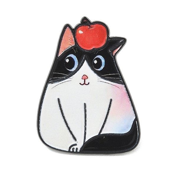 Tuxedo Cat with Red Apple Printed Alloy Lapel Pin Backs for Backpack Clothes