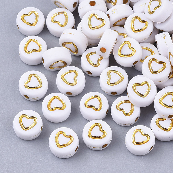 

PandaHall Plating Acrylic Beads, Metal Enlaced, Flat Round with Heart, Golden Plated, 7x4mm, Hole: 1.5mm Acrylic Flat Round White