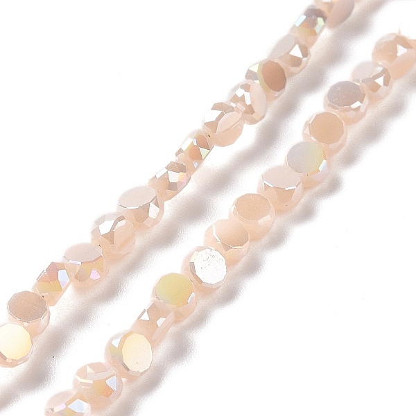 

PandaHall Electroplate Glass Beads Strands, AB Color Plated, Faceted, Flat Round, Bisque, 4.5x2.5~3mm, Hole: 0.8mm, about 145~150pcs/strand..., Orange