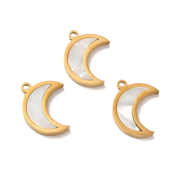 

PandaHall Ion Plating(IP) 304 Stainless Steel Pendants, Crescent Moon Charms, with Shell, Golden, 16x13x2mm, Hole: 1.4mm Shell Moon