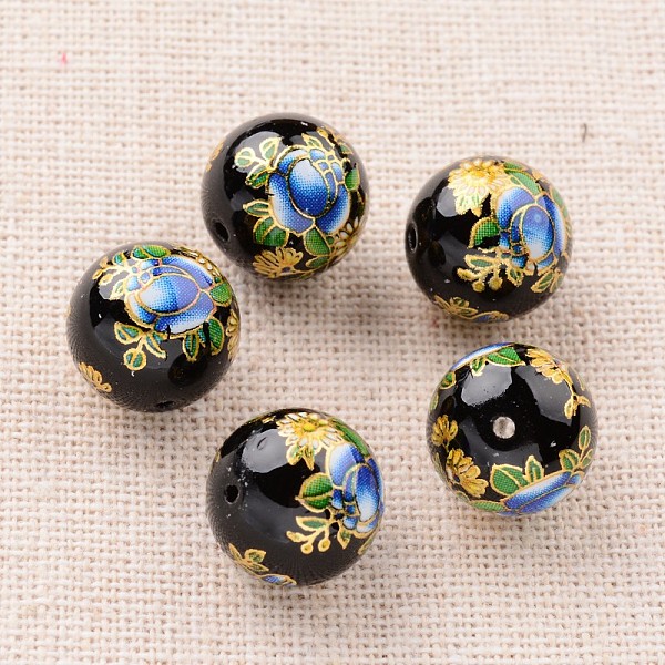 

PandaHall Flower Picture Printed Glass Round Beads, Black, 12mm, Hole: 1mm Glass Round Black