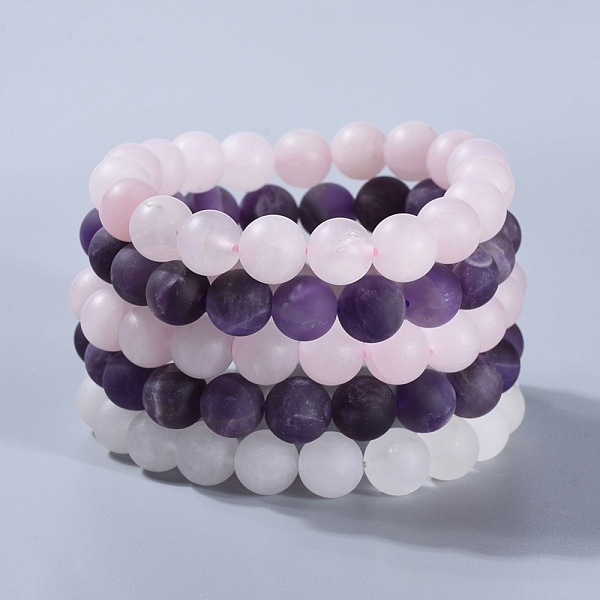 

PandaHall Natural Gemstone Beads Stretch Bracelets, with Natural White Jade, Frosted Natural Rose Quartz and Frosted Natural Amethyst...