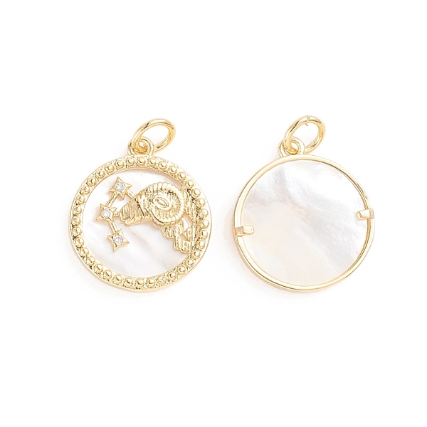 

PandaHall Brass Micro Pave Cubic Zirconia Pendants, with Natural Shell and Jump Ring, Flat Round with Twelve Constellations, Golden, Aries..., Clear