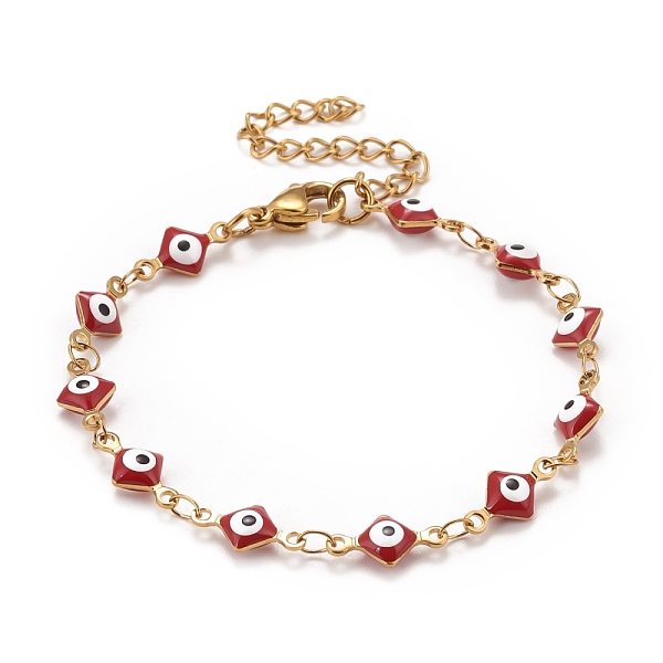 

PandaHall Enamel Rhombus with Evil Eye Link Chains Bracelet, Vacuum Plating 304 Stainless Steel Jewelry for Women, Golden, Red, 6-5/8 inch...