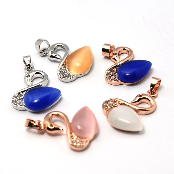 

PandaHall Cat Eye Pendants, with Brass Rhinestone Pendant Settings, Duck, Mixed Color, 22x18x5mm, Hole: 4x5mm Brass+Cat Eye Duck Multicolor