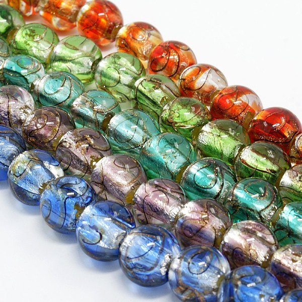 

PandaHall Handmade Silver Foil Glass Lampwork Round Beads Strands, with Gold Sand, Mixed Color, 12mm, Hole: 2mm, about 23pcs/strand, 9.84..., Multicolor