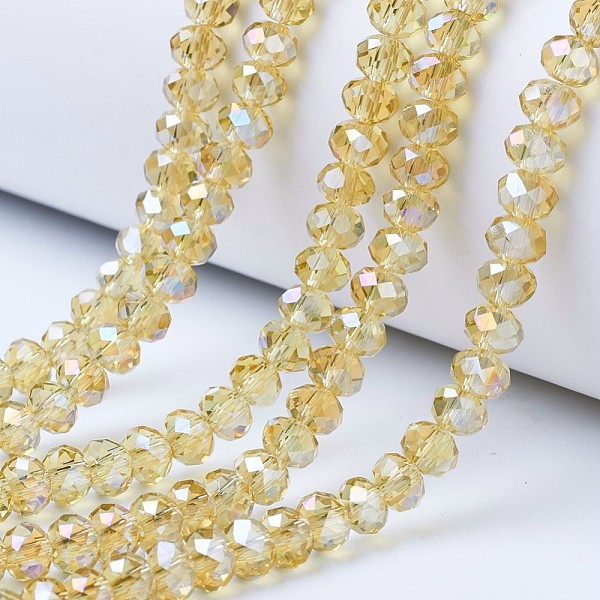 

PandaHall Electroplate Glass Beads Strands, AB Color Plated, Faceted, Rondelle, Light Khaki, 3.5x3mm, Hole: 0.4mm, about 113~115pcs/strand...