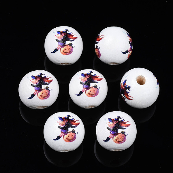 

PandaHall Halloween Printed Natural Wood Beads, Round with Witch, Medium Blue, 15.5x14.5mm, Hole: 4mm Schima Wood Witch