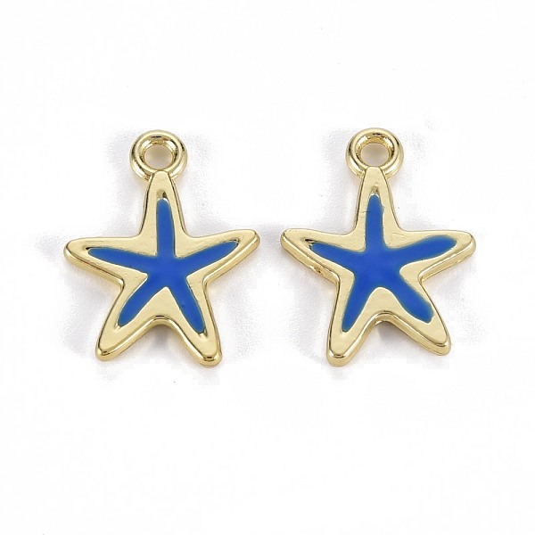 

PandaHall Rack Plating Alloy Pendants, with Enamel, Cadmium Free & Lead Free, Starfish, Light Gold, Blue, 17x13x1.5mm, Hole: 1.8mm...