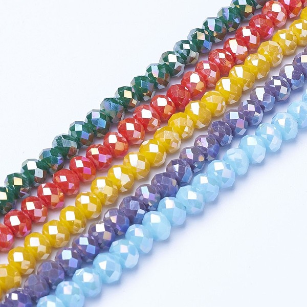 

PandaHall Electroplate Glass Beads Strands, Opaque Solid Color, AB Color Plated, Faceted, Rondelle, Mixed Color, 6x5mm, Hole: 1mm, about..., Multicolor