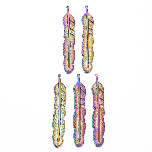 

PandaHall 201 Stainless Steel Big Pendants, Leaf, Rainbow Color, 58x10x1.5mm, Hole: 1.4mm 201 Stainless Steel Leaf