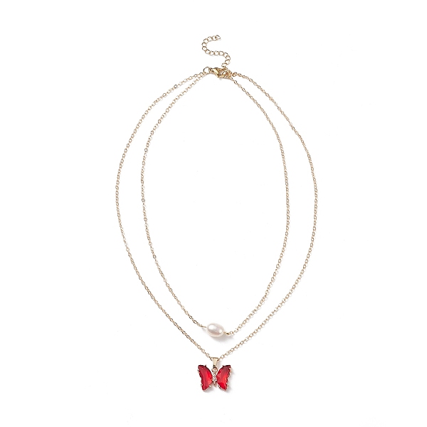 

PandaHall Glass Butterfly & Natural Pearl Pendants Double Layer Necklace with Clear Cubic Zirconia, Golden Brass Jewelry for Women, Red...