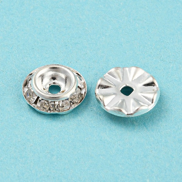 

PandaHall Brass Crystal Rhinestone Beads, Flat Round, Silver, 9x2.5mm, Hole: 1.6~2mm Brass+Rhinestone Flat Round Clear