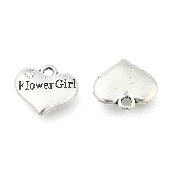 

PandaHall Wedding Party Supply Antique Silver Alloy Rhinestone Heart Carved Word Flower Girl Wedding Family Charms, Cadmium Free & Lead Free..., Clear