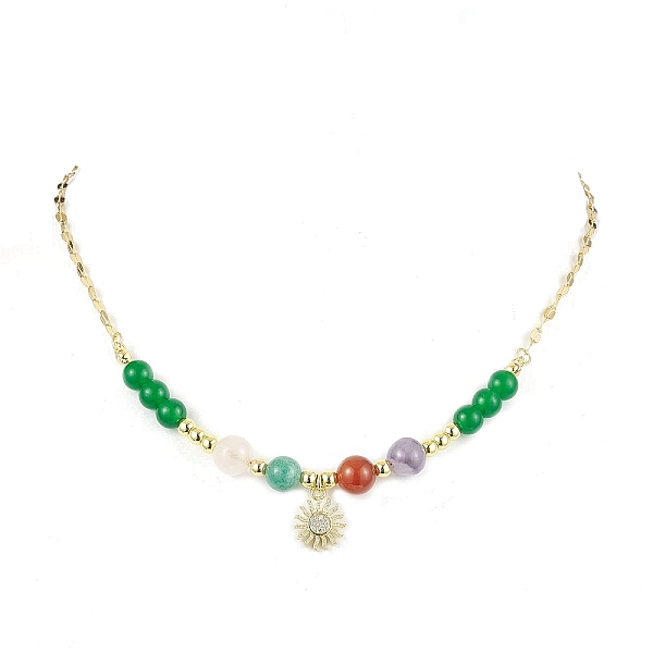 

PandaHall Natural & Dyed Malaysia Jade Beaded Necklaces for Women, Brass Micro Pave Cubic Zirconia Pendant Necklaces, Golden, 15.87 inch...