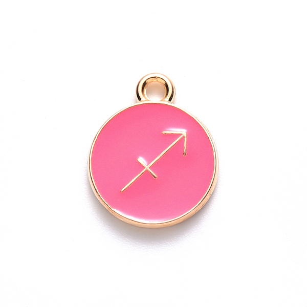 

PandaHall Alloy Enamel Pendants, Cadmium Free & Lead Free, Flat Round with Constellation, Light Gold, Cerise, Sagittarius, 22x18x2mm, Hole..., Red