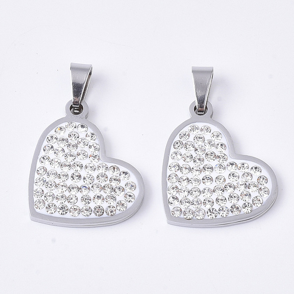 

PandaHall 201 Stainless Steel Pendants, with Random Size Snap On Bails and Polymer Clay Crystal Rhinestones, Heart, Stainless Steel Color..., Clear