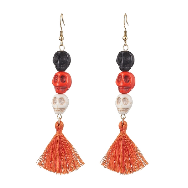 

PandaHall Halloween Skull Synthetic Dyed Turquoise Dangle Earrings, Handmade Polycotton(Polyester Cotton) Tassel Earrings for Women, Dark...
