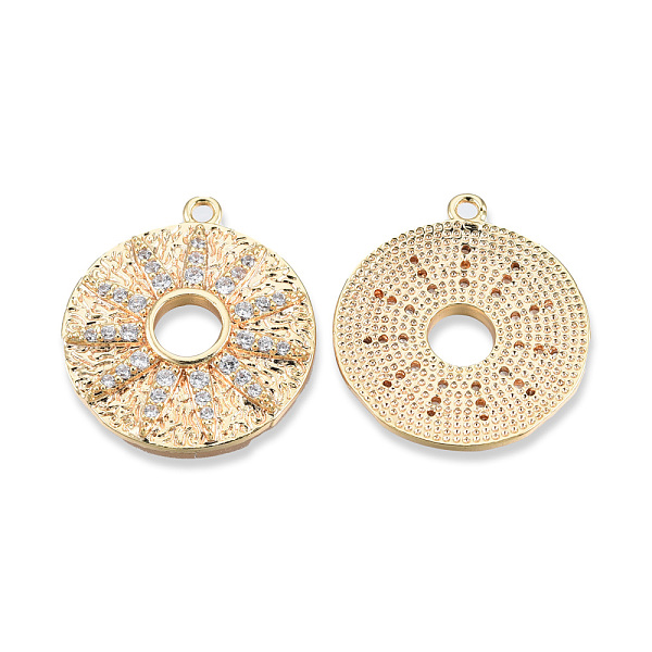 

PandaHall Brass Pave Clear Cubic Zirconia Pendants, Cadmium Free & Nickel Free & Lead Free, Textured, Flat Round with Sun, Real 18K Gold...