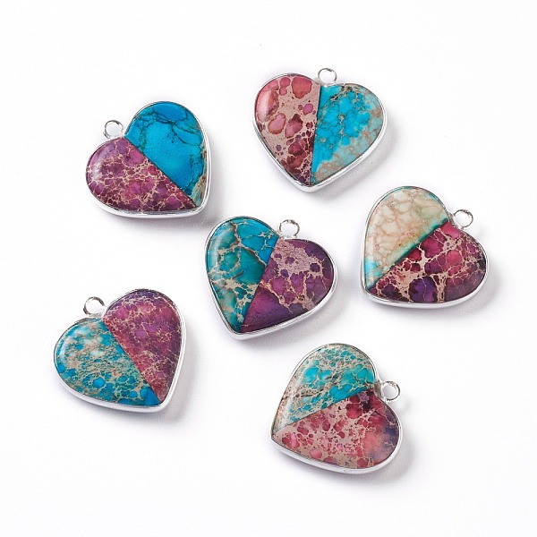 

PandaHall Natural Regalite/Imperial Jasper/Sea Sediment Jasper Pendant, with Brass Settings, Dyed, Two Tone, Heart, Silver, 21x21x4.5mm..., Red