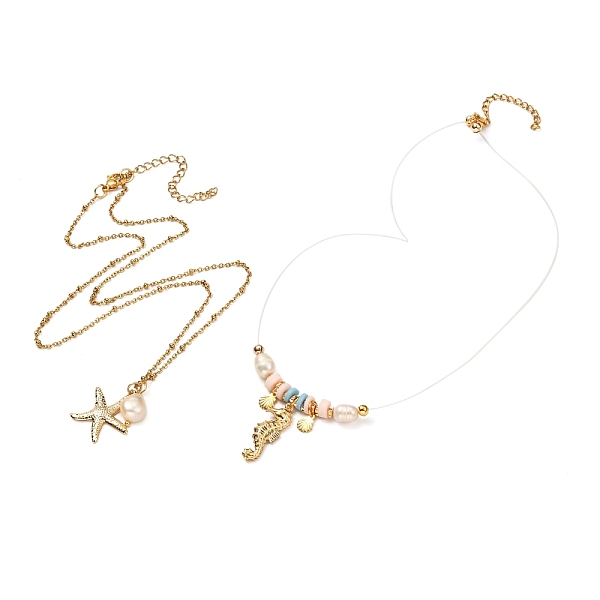 

PandaHall Starfish & Sea Horse & Shell Pendant Necklaces for Teen Girl Women, Natural Pearl & Polymer Clay Beads Necklaces, Golden, 16.7...