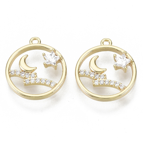 

PandaHall Brass Micro Pave Cubic Zirconia Charms, Nickel Free, Ring with Moon and Star, Clear, Real 18K Gold Plated, 13x12x2mm, Hole: 1mm...