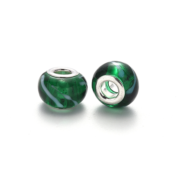 

PandaHall Handmade Lampwork European Beads, Large Hole Rondelle Beads, with Platinum Tone Brass Double Cores, Green, 14~15x9~10mm, Hole: 5mm...
