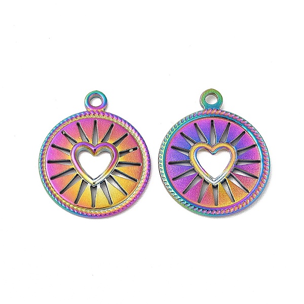

PandaHall Ion Plating(IP) 304 Stainless Steel Pendants, Flat Round with Hollow Out Heart Charms, Rainbow Color, 18x14.5x1.5mm, Hole: 1.5mm...