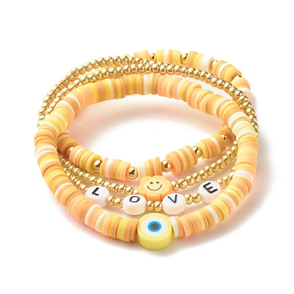 

PandaHall Handmade Polymer Clay Heishi Beads Stretch Bracelets Set, Love Word Acrylic Beads Bracelets, Smiling Face and Evil Eye Beads Lucky..., Orange