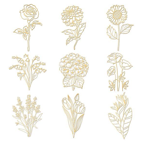 

PandaHall OLYCRAFT 9pcs 1.6x1.6 Inch Flowers Metal Stickers Sunflowers Roses Self Adhesive Gold Stickers Floral Theme Metal Gold Stickers...