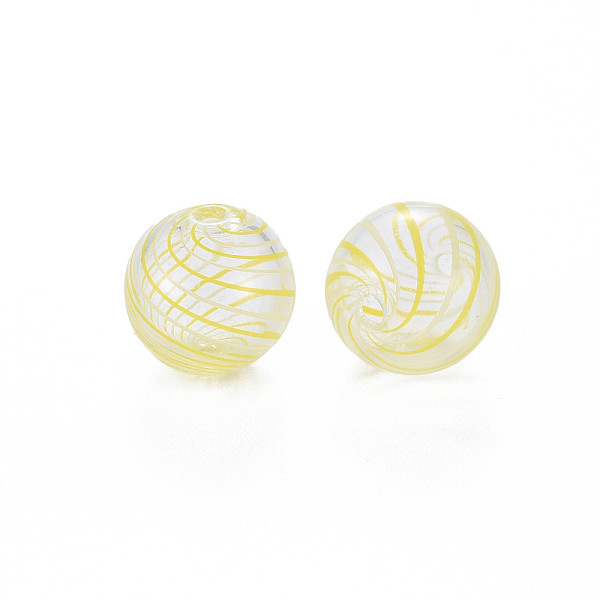 

PandaHall Transparent Handmade Blown Glass Globe Beads, Stripe Pattern, Round, Beige, 12.5~13.5mm, Hole: 1.2~2mm Glass Round Yellow