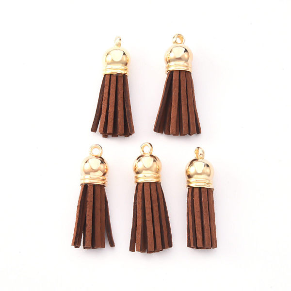 

PandaHall Faux Suede Tassel Pendant Decorations, with CCB Plastic Cord Ends, Light Gold, Camel, 33~35x10mm, Hole: 2.5mm Faux Suede Brown