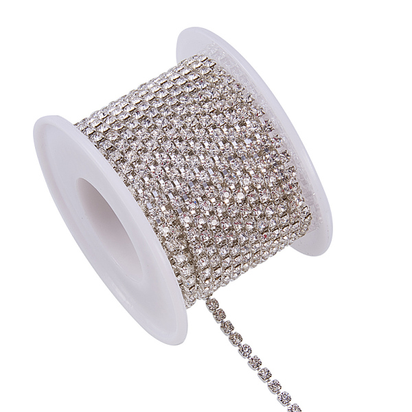 

PandaHall Brass Rhinestone Strass Chains, Rhinestone Cup Chains, with Spool, Silver Color Plated, Crystal, 2.6mm, about 10yards/roll...