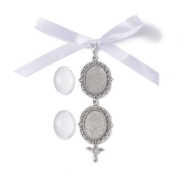 

PandaHall Tibetan Style Alloy & Glass Oval Photo Bouquet Hanging Ornaments, with Satin Ribbon and Zinc Alloy Lobster Claw Clasps, Antique..., White
