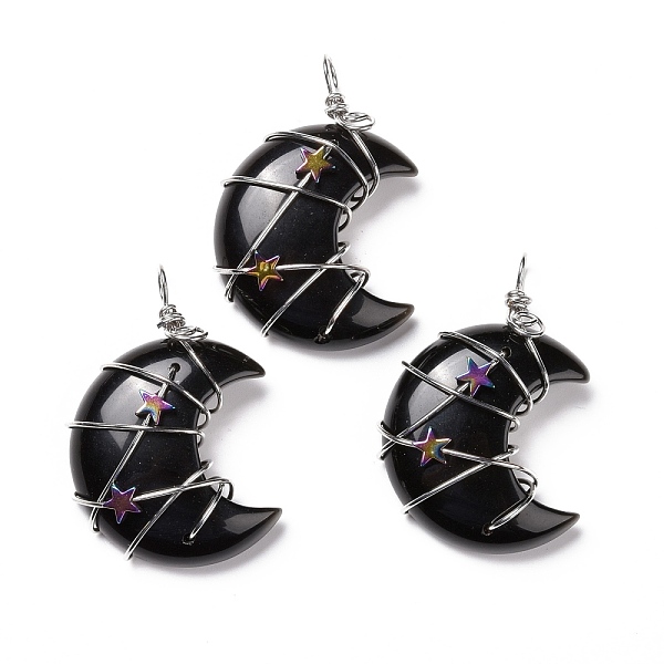 

PandaHall Natural Obsidian Pendants, with Platinum Tone Brass Wire Wrapped and Hematite Star Beads, Cadmium Free & Lead Free, Moon...