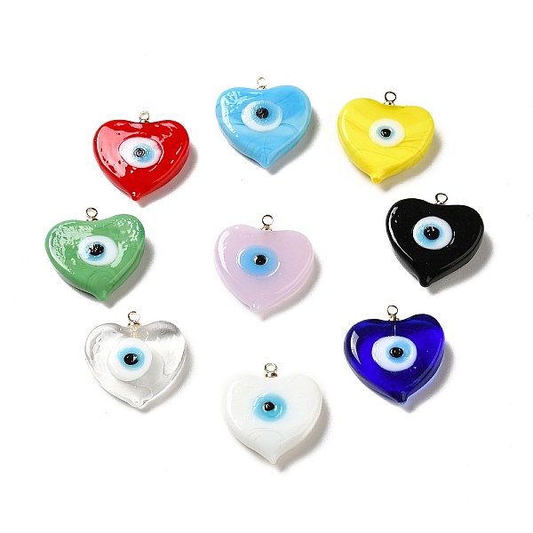 

PandaHall Handmade Lampwork Pendants, with Golden Plated Brass Finding, Cadmium Free & Lead Free, Heart with Evil Eye, Mixed Color..., Multicolor